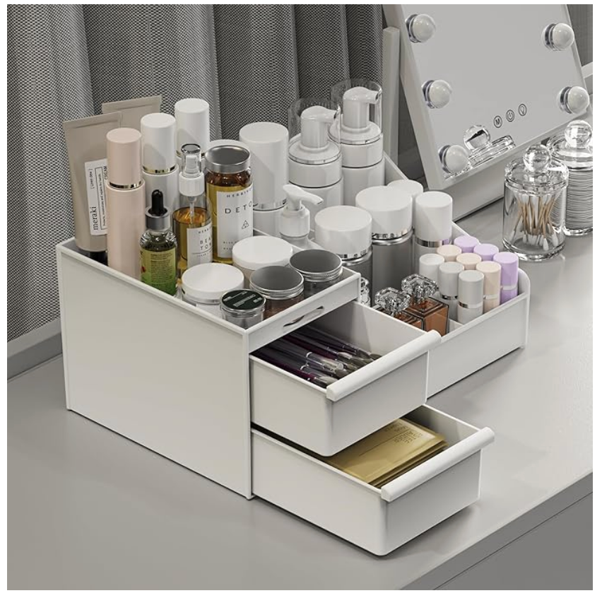 Makeup Organizer Countertop, Vanity Organizer with 2 Drawers for Cosmetics, Skincare, Brushes, Perfume, Skincare Organizer for Vanity, Perfume Organizer for Dresser, Bathroom (White)